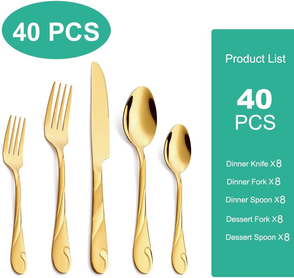 Gold Silverware Set for 8, 40-Piece Stainless Steel Flatware Set, Shiny Gold Metal Cutlery Set, Include Spoon, Fork and Knife Set, Dishwasher Safe