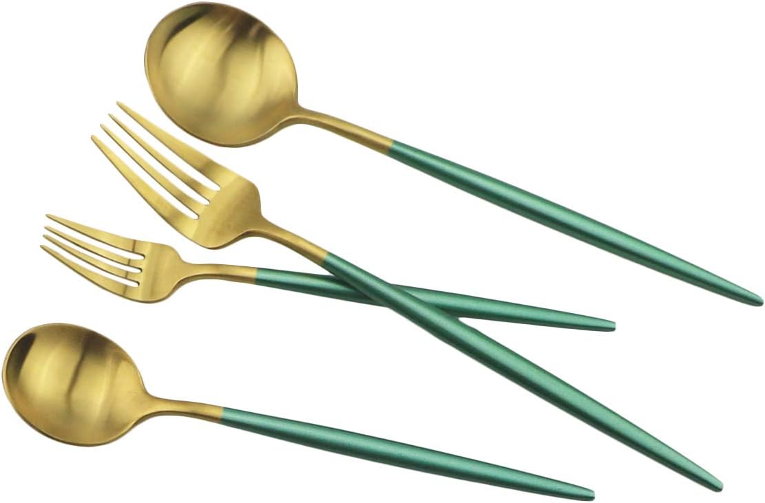JASHII Silverware Sets, 20-Piece Green Flatware 18/10 Stainless Steel Heavy Weight Forged Cutlery Eating Utensils Forks Spoons Knives Set Tableware Service for 4 Matte Finished (Green & Gold)