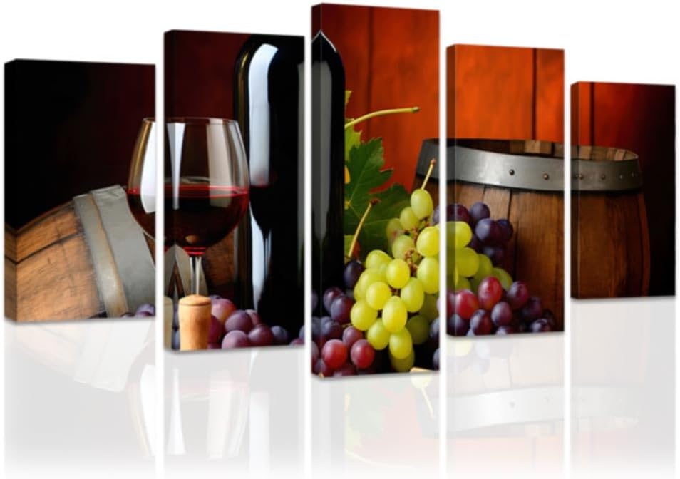 DOARTDO 5 Pieces Kitchen Wall Art Wine and Fruit Grape Pictures Food Canvas Prints Red Wine Cups Painting Large Kitchen Dining Room Bar Cellar Decor Framed (Red, (16x24inx2 16x32inx2 16x40inx1))