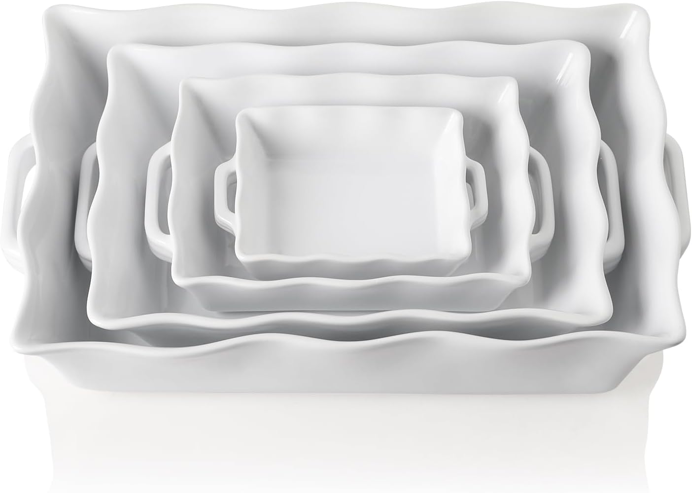 Sweejar Casserole Dishes for Oven, Ceramic Bakeware Set of 4, Rectangular Baking dish with Handles, Wave Edge Lasagna Pan Deep for Cooking, Cake, Dinner, Banquet and Daily Use (White)