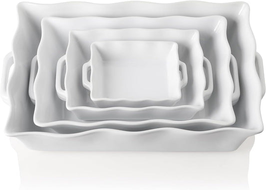 Sweejar Casserole Dishes for Oven, Ceramic Bakeware Set of 4, Rectangular Baking dish with Handles, Wave Edge Lasagna Pan Deep for Cooking, Cake, Dinner, Banquet and Daily Use (White)