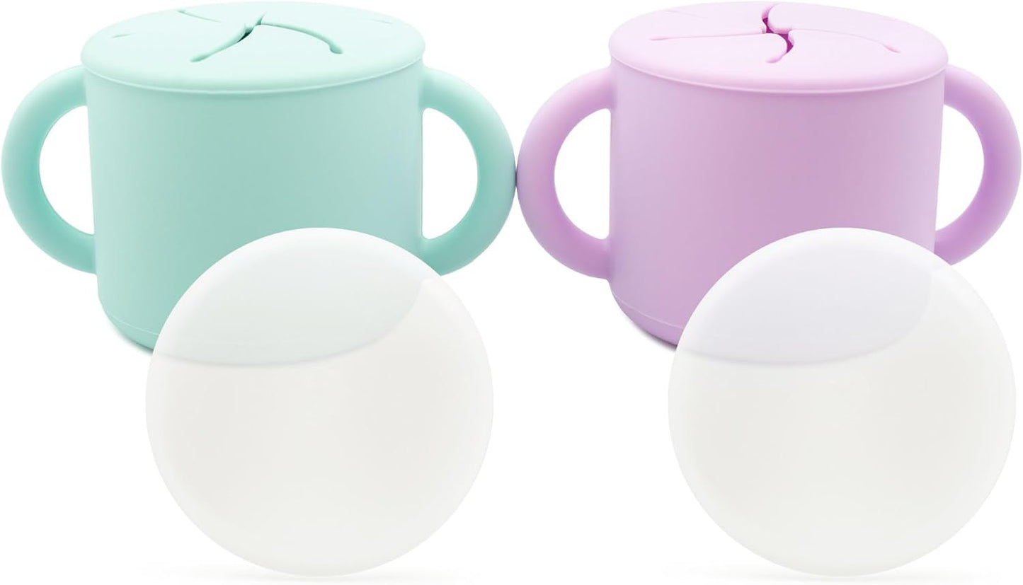 WeeSprout Snack Containers, Food Grade Silicone Cups, Spill-Proof Tops For Toddlers and Babies, Premium Hard Plastic Travel Lids, Dishwasher Safe, Set of 2 Snack Catchers