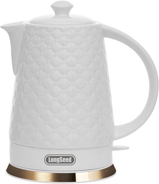 Ceramic Electric Kettle, 1.5L/1200W Boil Water Quickly and Easily with Boil-Dry Protection Auto Shut Off, Detachable Swivel Base, White Relief Carving