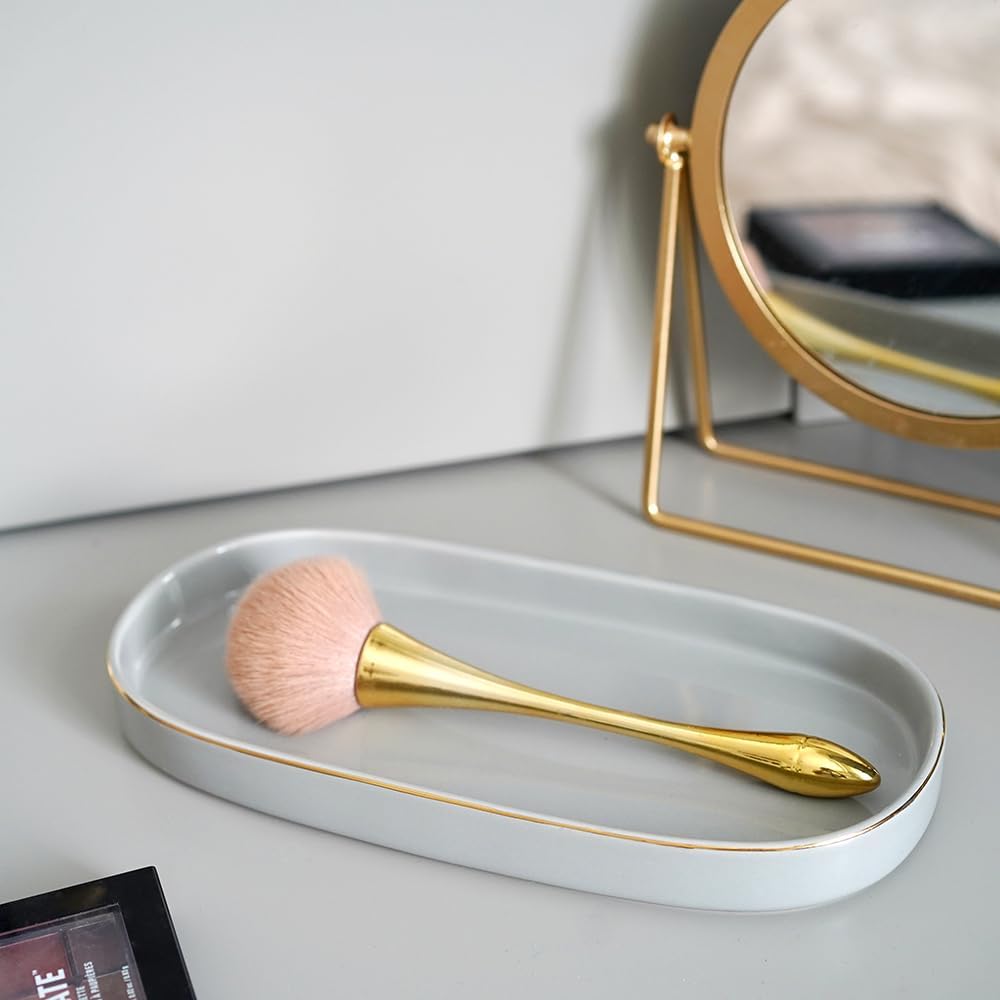 10x5 Bathroom Vanity Tray, Oval Ceramic Decorative Perfume Candle Tray for Bathroom/Kitchen Counter, Grey