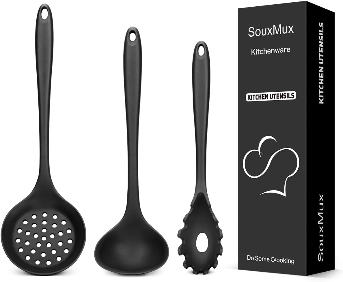 3 Pcs Silicone Kitchen Utensils Set, Soup Ladle-Pasta Fork-Slottede Spoon, Nonstick BPA Free High Heat Resistant Cooking Utensils for Mixing, Serving, Draining, Turning, Stirring