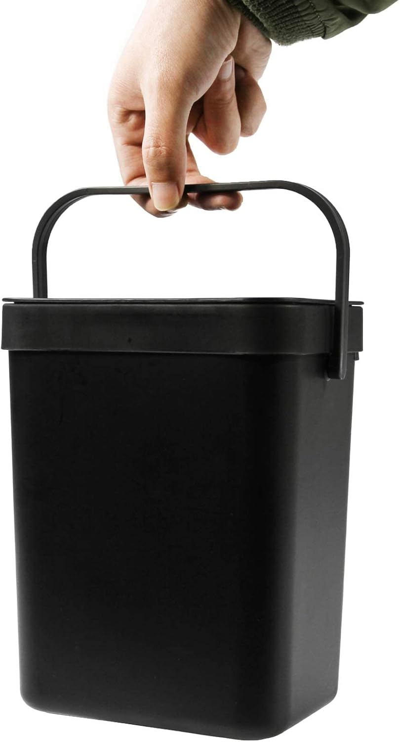 Domiella 2 Pack Hanging Small Trash Can with Lid (1.3 + 0.8 Gal), Kitchen Compost Bin for Countertop or Under Sink, Mountable Food Waste Bin for Cabinet, Bathroom, or RV Use (Black)
