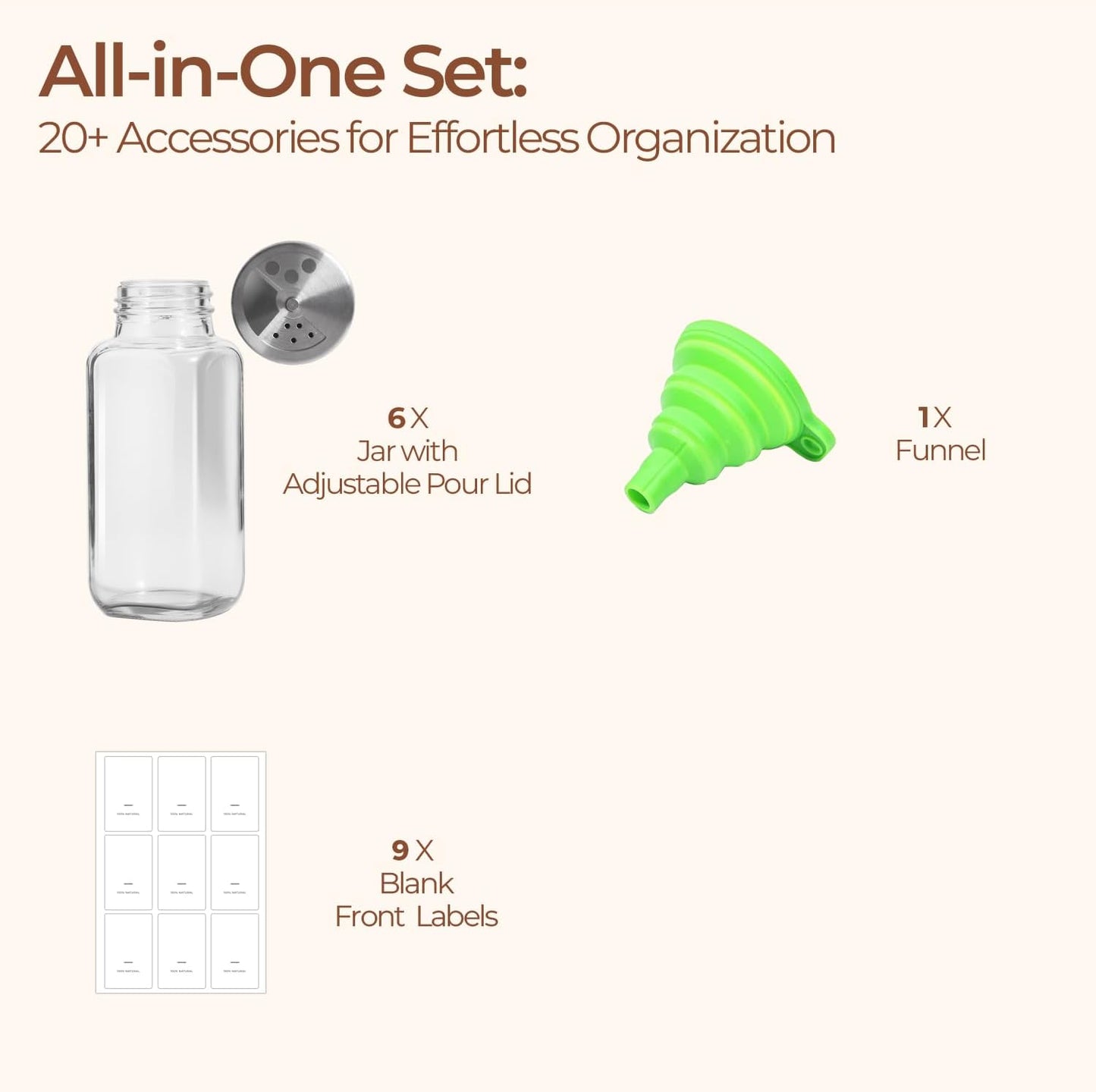 ComSaf 8oz 6PCS Spice Jars with Adjustable Shaker lids，21 Labels, Spice Jars Trial Set & Supplement Set, Empty Ingredient Containers and Square Ingredient Bottles for Kitchen and Seasoning