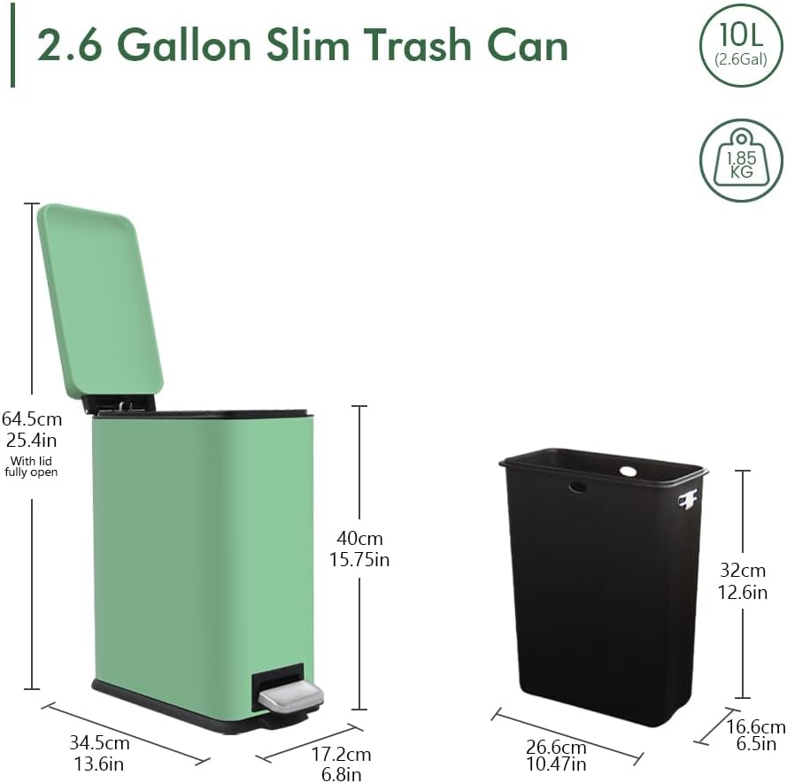 Bathroom Trash Can, 2.6 Gallon Green Trash Can with Soft-Close Lid, Pedal Bin, Inner Buckert, Slim Garbage Can for Home, Kitchen, Laundry Room, Office, Bedroom, Bathroom.