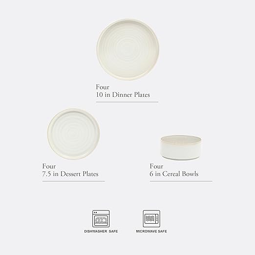 Gibson Elite Echo Bay 12 Piece Porcelain Reactive Glaze (Service for 4) Ceramic Plates and Bowls Modern Stackable Dinnerware Set - White
