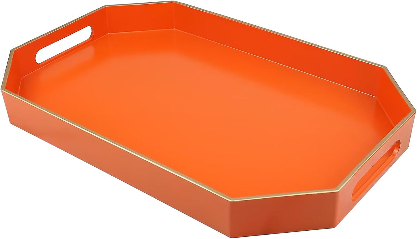 Orange Decorative Tray with Handles, Versatile Serving Tray for Coffee Table, Ottoman, Ideal for Serving, Displaying, Organizing, 15.7"*10.2"*1.57"