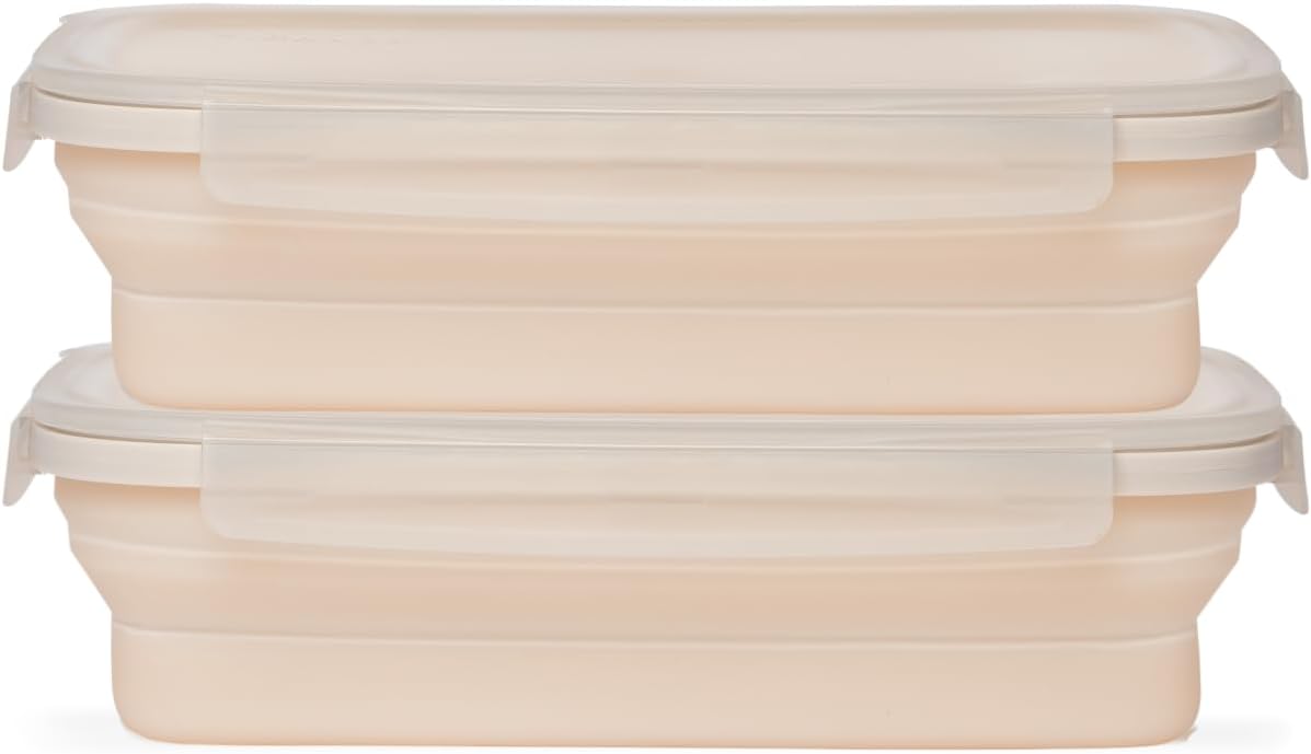 Drip EZ Secondz Collapsible Food Storage Containers – Set of 2, Space-Saving Airtight Meal Prep & Leftover Containers – Microwave, Freezer & Dishwasher Safe, BPA-Free, Locking Lids – Sandstone