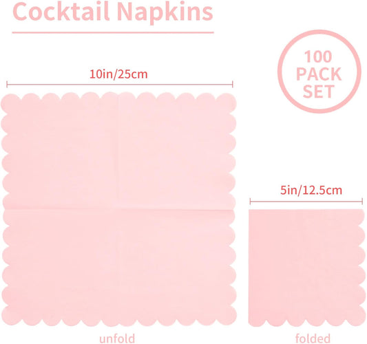 100 Pack Cocktail Napkin 2-Ply Scalloped Edged Dessert Napkins Folded 5 x 5 Inches Disposable Napkins for Dinner Wedding Birthday Party Bridal Anniversary Reception Event (Pink)