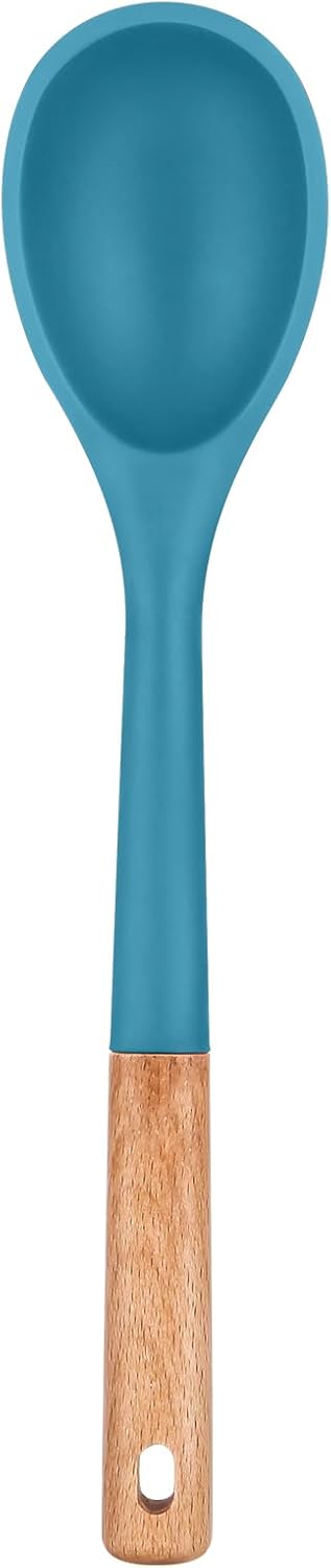 Large Silicone Cooking Spoons, Nonstick Solid Wooden Handle Spoon, Heat Resistan Silicone Kitchen Spoons for Cooking, Serving, Basting, Mixing, 13.2inch (BLUE)