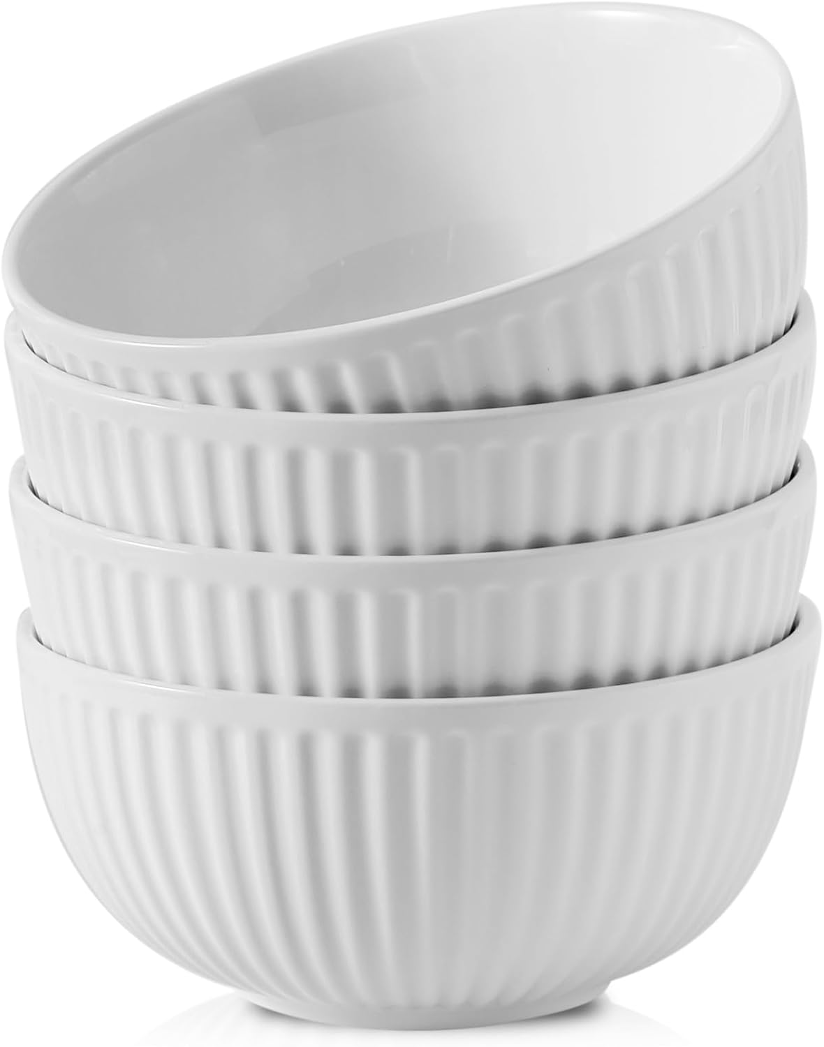Hasense Large Serving Bowls 7 Inch - 42 Oz White Ceramic Salad Bowl Set of 4 for Kitchen,Modern Ribbed Porcelain Dishes for Entertaining,Soup,Pho,Pasta,Cereal, Noodle - Dishwasher & Microwave Safe