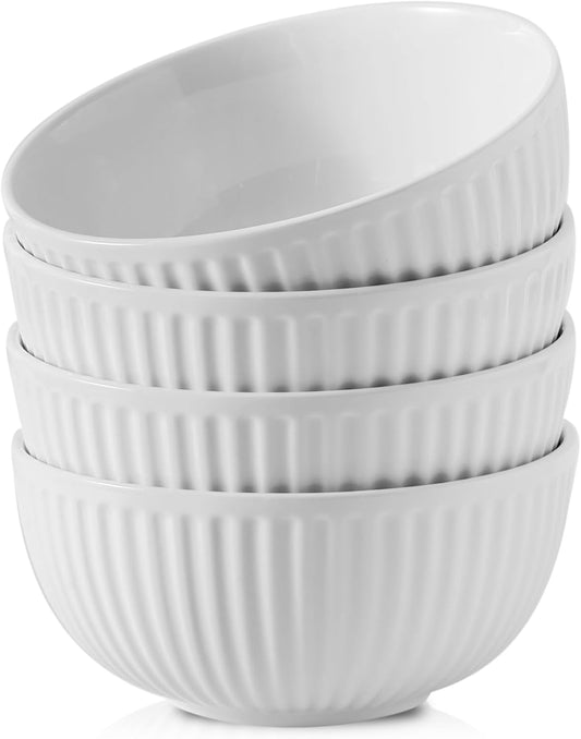 Hasense Large Serving Bowls 7 Inch - 42 Oz White Ceramic Salad Bowl Set of 4 for Kitchen,Modern Ribbed Porcelain Dishes for Entertaining,Soup,Pho,Pasta,Cereal, Noodle - Dishwasher & Microwave Safe
