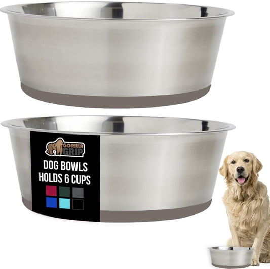 GORILLA GRIP Set of 2 Dog Bowls, Holds 6 Cups (48 fl oz), Heavy Duty Metal Food and Water Bowl for Feeding Dogs and Cats, Dishwasher Safe, Rust Resistant Stainless Steel, BPA Free Rubber Base, Beige