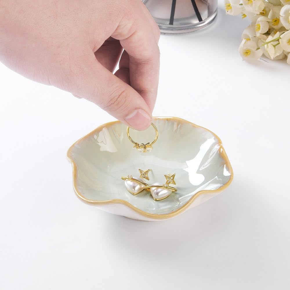 2PCS Lotus Leaf Shape Ring Holder Dish, Small Key Bowl, Ceramic Trinket Tray Jewelry Dish Organizing Necklace Earrings for Mom Friend Sister, All Jewelries Are NOT Included.Pink+Light Green.…