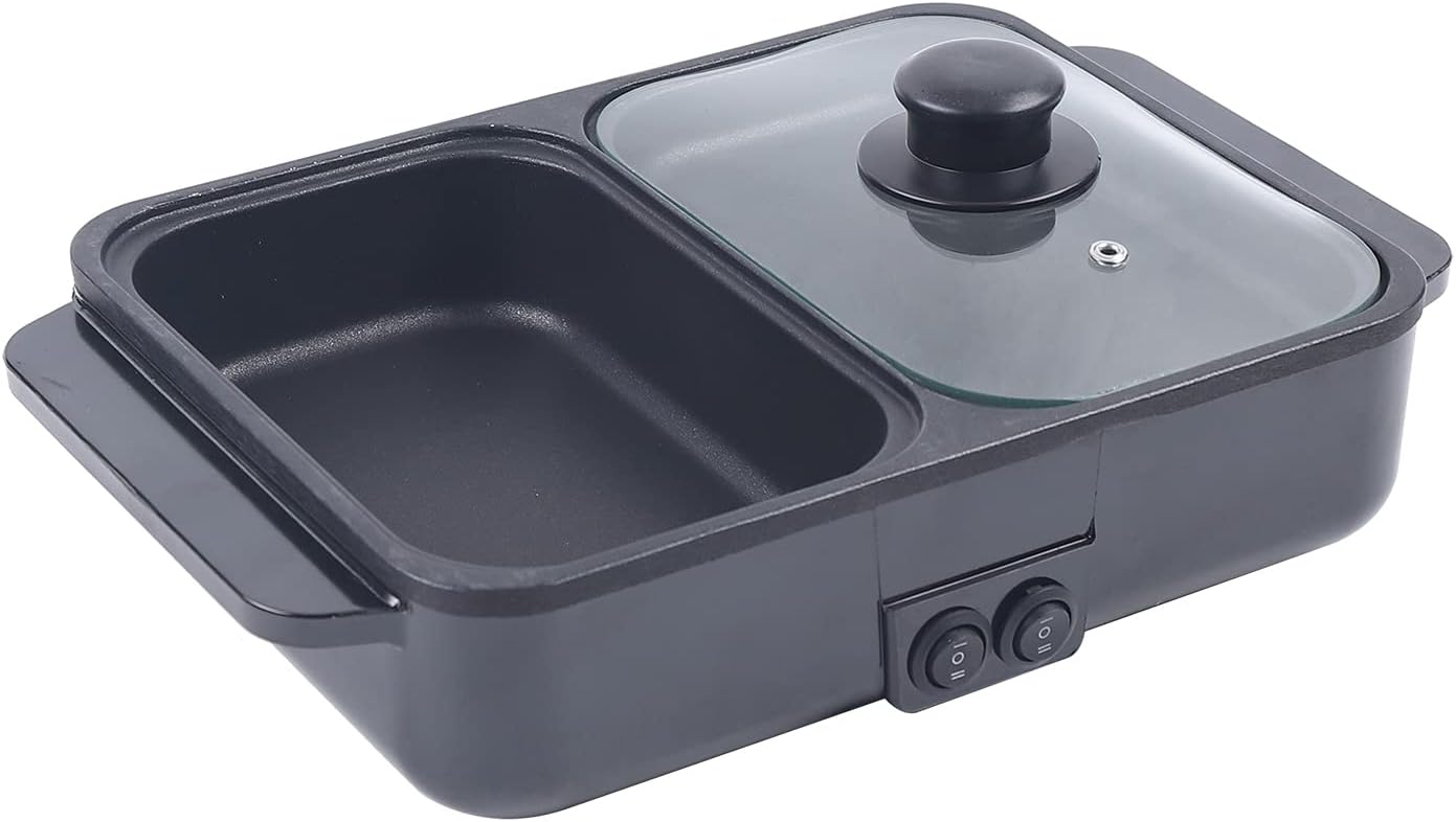 Hot Pot With Grill, Electric Hot Pot And Grill Combo 2-In-1, Independent Temperature Control, Portable Cooker&Bbq Baking Grill Pan, 1200w, For Barbecue, Frying, Soup Making, And Hot Pot