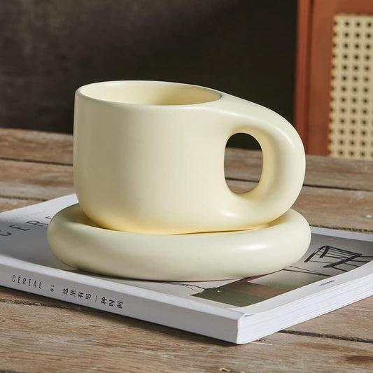 Koythin Ceramic Coffee Chubby Mug Saucer Set, Creative Cute Fat Handle Cup with Saucer for Office and Home, Dishwasher and Microwave Safe, 10 oz for Latte Tea Milk (Beige)