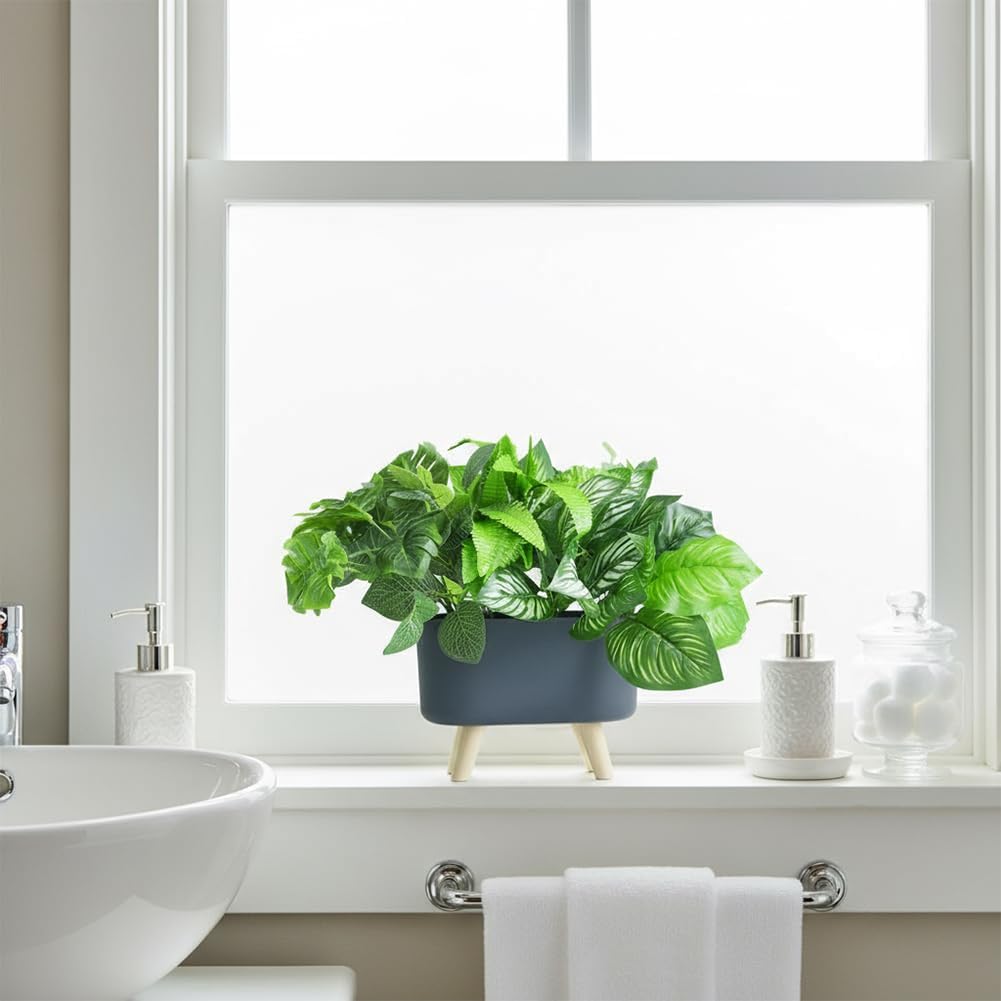 Artificial Green Grass Plants in Rectangular Planter Boxes, Faux Greenery in Decorative Crate Style for Office Table Wedding Kitchen Windowsill Shelf Decor