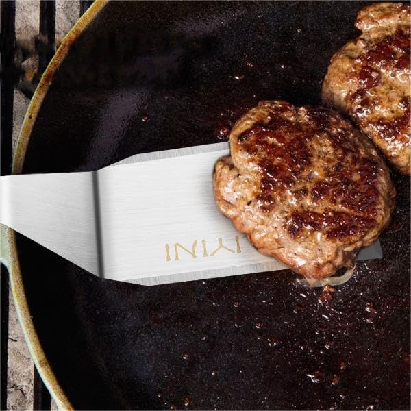 Stainless Steel Spatula Turner for Cast Iron Skillet, Grill Spatula with Wooden Handle, Heavy Duty Pancake Turner Metal