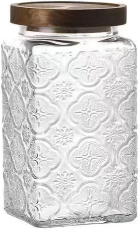 ANSQU Vintage Glass Storage Jar, Glass Canister Storage Jar Container with Airtight Wooden Lid for Kitchen Counter, Pantry, Coffee, Tea, Sugar, Cookie Jars (Square-Begonia)