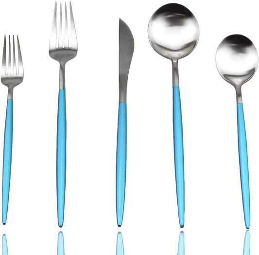 JASHII Silverware Sets, 5-Piece Blue Flatware 18/10 Stainless Steel Heavy Weight Forged Cutlery Eating Utensils Forks Spoons Knives Set Tableware Service for 1 Matte Finished (Blue & Silver)