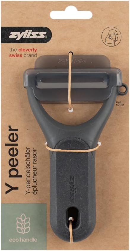 Zyliss Y Peeler – Extra-Hardened Stainless Steel Blade for Effortless Fruit & Vegetable Peeling – Built-in Eye Cutter – Ergonomic Wheatstraw Grip – Dishwasher Safe with Safety Cover – Black