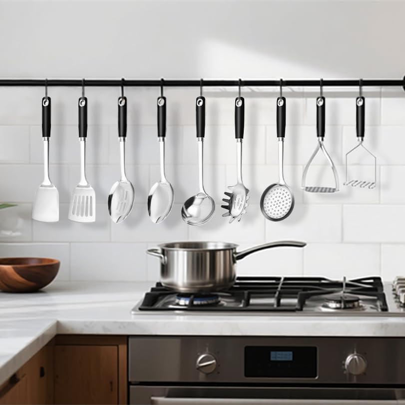 18/0 Stainless Steel Cooking Utensils Set, Heavy Duty Kitchen Utensils for Daily Use Party Wedding Housewarming, Dishwasher Safe, 9 Pieces