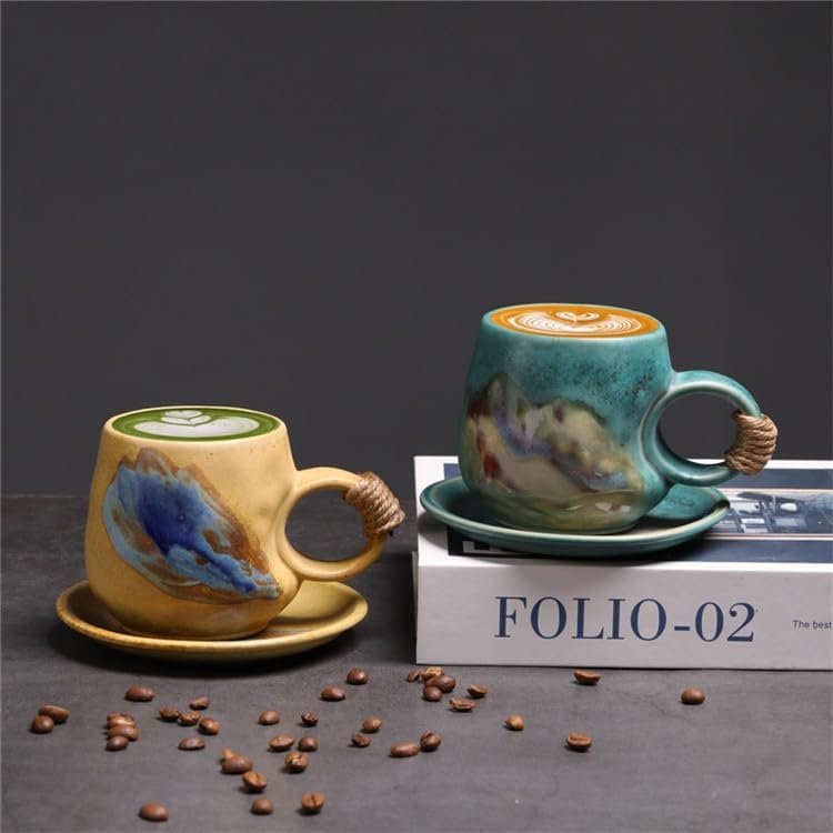 10oz Unique Vintage Retro Japanese Handmade Ceramic Cappuccino Barista Cup with Saucer – Artisanal Stoneware Coffee Mug, Lead-Free Latte Art Mug，Handmade Pottery tea mug or tea cup (1, Green)