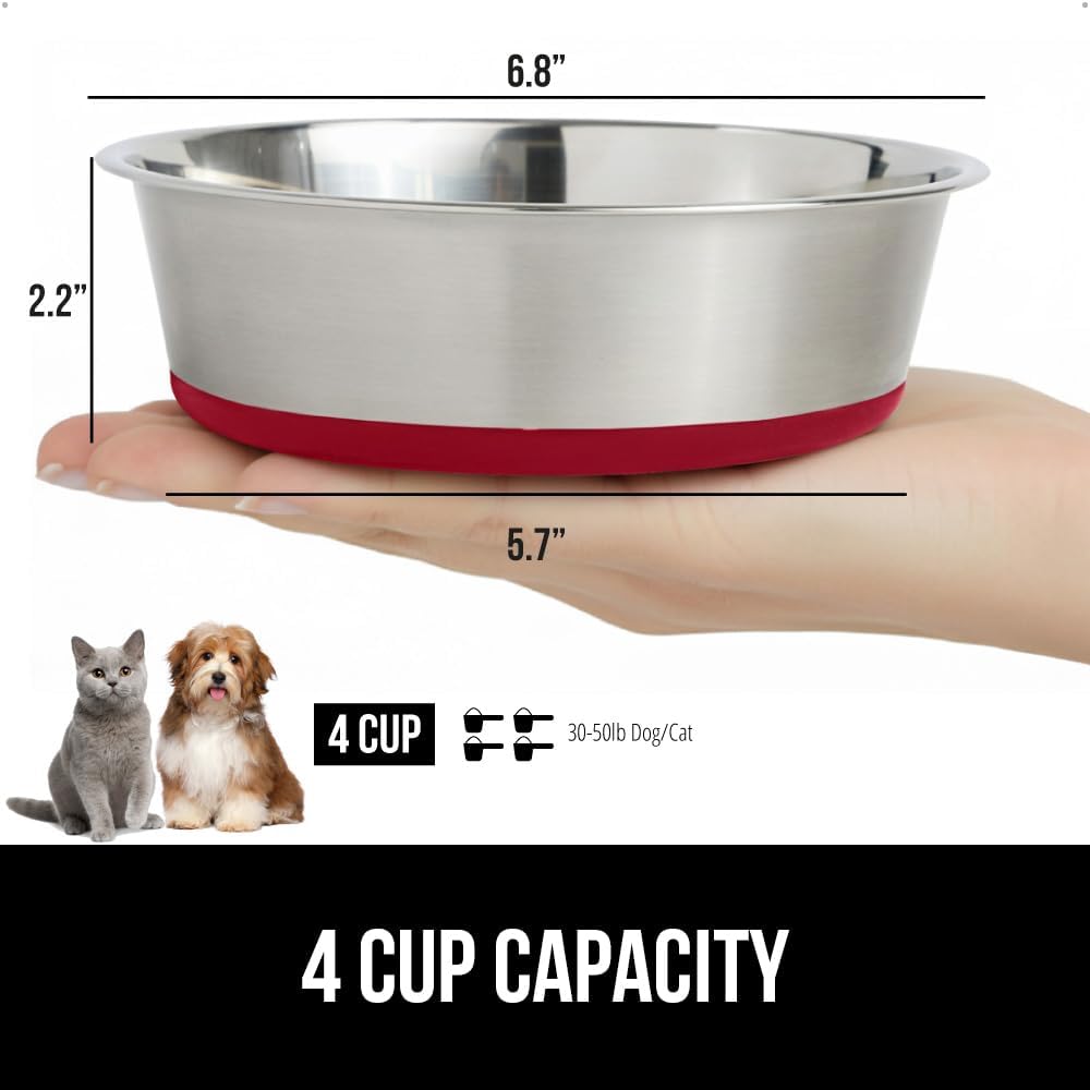GORILLA GRIP Set of 2 Dog Bowls, Holds 4 Cups (32 fl oz), Heavy Duty Metal Food and Water Bowl for Feeding Dogs and Cats, Dishwasher Safe, Rust Resistant Stainless Steel, BPA Free Rubber Base, Red