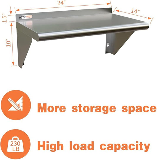 Stainless Steel Wall Mounted Shelf 14x24 Inches, 18 Gauge Commercial Shelves Metal Storage Rack Shelves for Kitchen, Restaurant, Garage and Laundry