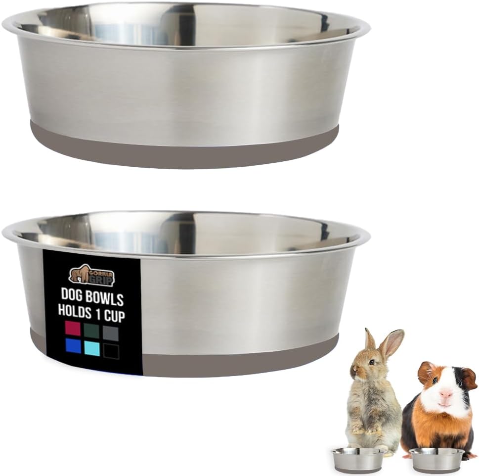 GORILLA GRIP Set of 2 Dog Bowls, Heavy Duty Metal Food and Water Bowl for Feeding Dogs and Cats, Dishwasher Safe, Rust Resistant Stainless Steel, BPA Free Rubber Base, Holds 1 Cup (8 fl oz), Beige