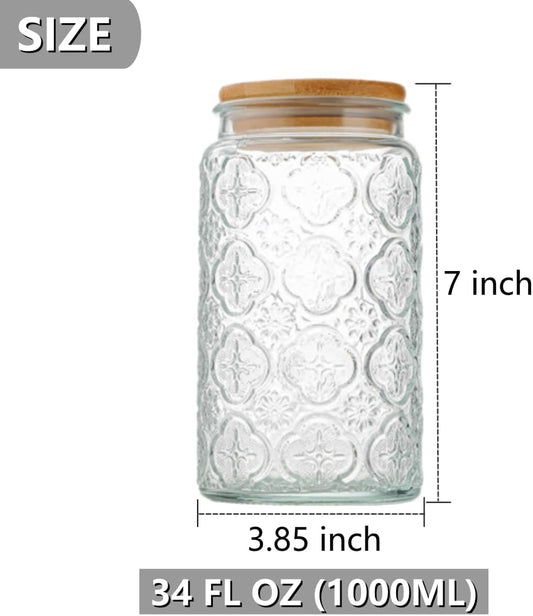 ANSQU Vintage Glass Storage Jar, 34 FL OZ Glass Food Storage Containers with Bamboo Lid, Airtight Cookie Jar Candy Jar for Kitchen Counter, Pantry, Coffee, Tea, Sugar (Round, Begonia)