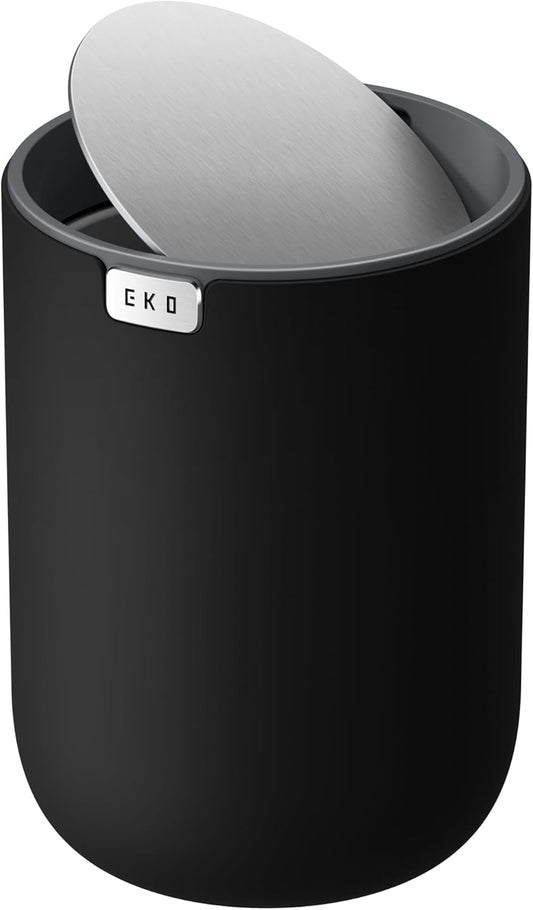 EKO Fandy 0.58 Gal/2.2L Mini Trash Can with Lid, Swing-Top Desktop Trash Can for Bathroom, Countertop, Vanity, Desk or Office, Small Garbage Bin (Black)