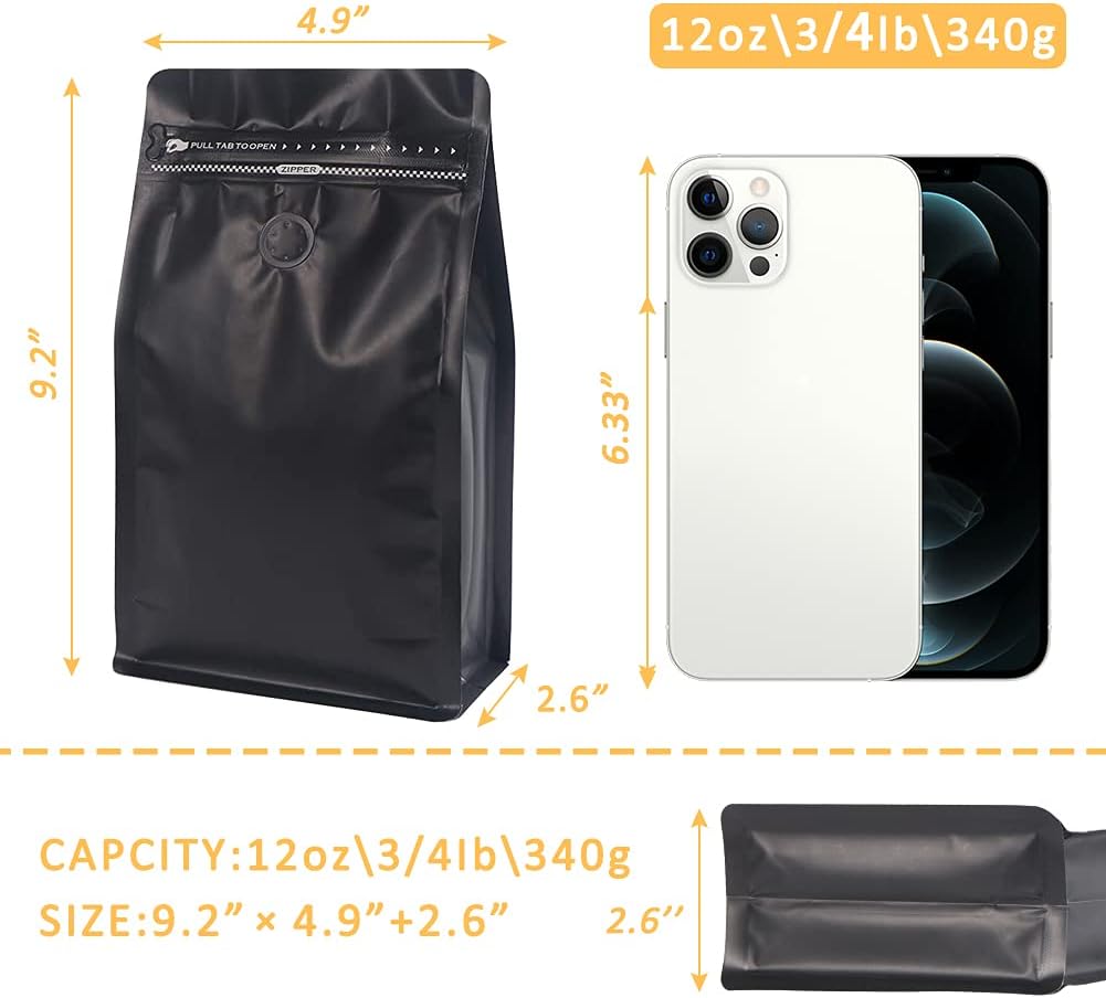 REMTAP Coffee Bags with Valve(100pcs,12 oz) balck High Barrier Aluminumed Foil Flat Bottom Standing Coffee Beans Storage Bags,Reusable Heat Sealable Side Zipper Pouches for Home or Store