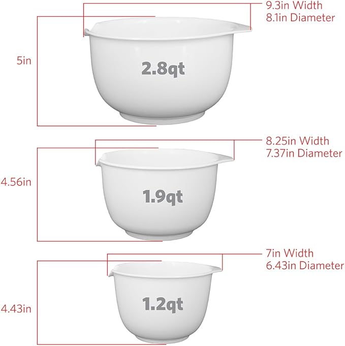 GLAD Mixing Bowls with Pour Spout, Set of 3 | Nesting Design Saves Space | Non-Slip, BPA Free, Dishwasher Safe Plastic | Kitchen Cooking and Baking Supplies, White