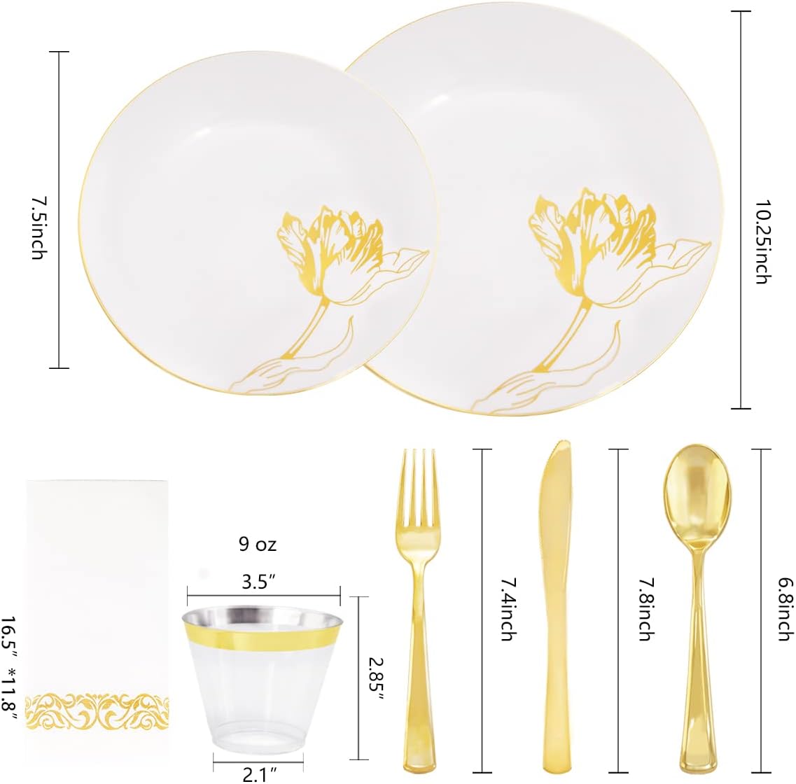 Nervure 175PCS White Plastic Plates - Floral White Gold Disposable Plates Include 50Plates, 25Forks, 25Knives, 25Spoons, 25Cups, 25Napkins Perfect for Wedding & Party