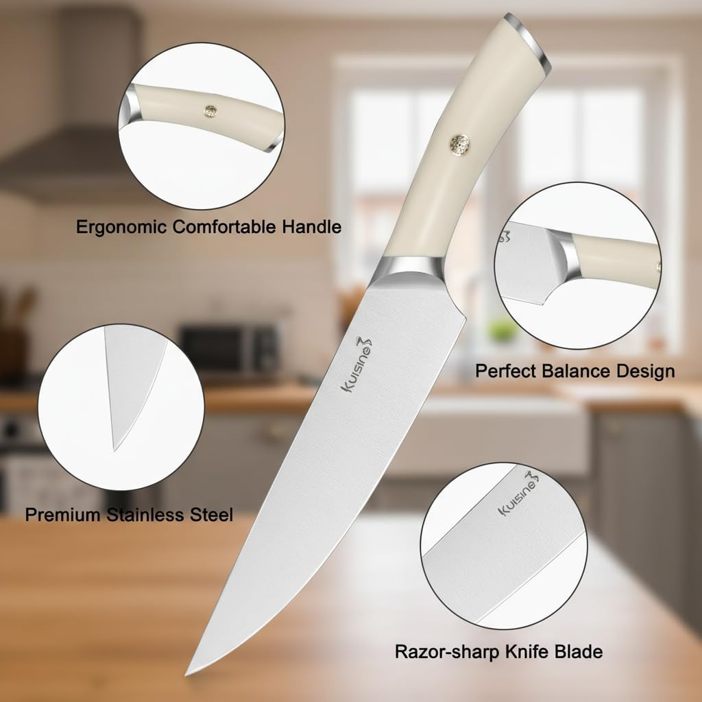 KUISINE Knife Set High Carbon Stainless Steel Super Sharp Blade Ergonomic Rivet Handle,Knife Block Set with Built-in Sharpener Upgraded(Ivory Acacia Pro 15PCS)
