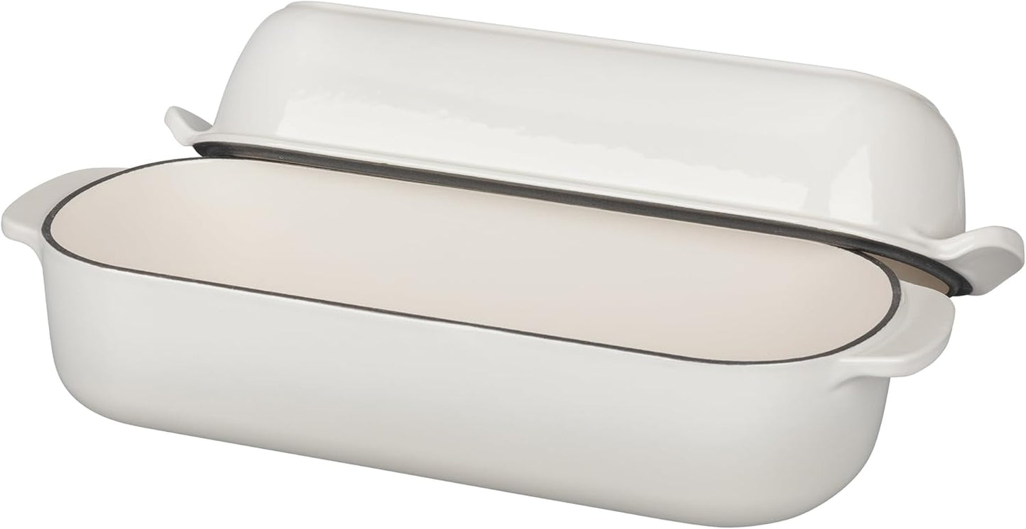Enameled Cast Iron Loaf Pan with Lid, Dutch Oven Bread pan for Homemade Sourdough Bread Baking, 12.5x5.5 inch, 5qt, White