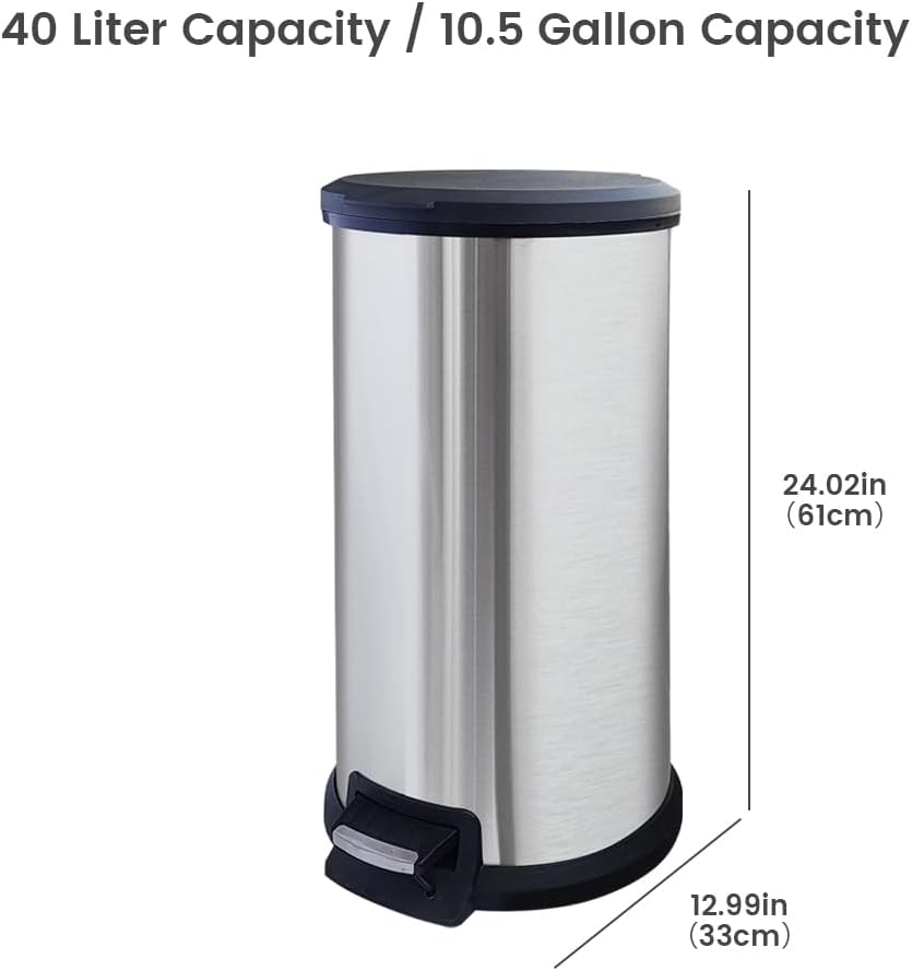 10 Gallon Stainless Steel Trash Can – Round Tall Design, Hands-Free Pedal, Liner-Free with Inner Ring Bag Holder，Rust-Proof for Kitchen, Office, or Bathroom