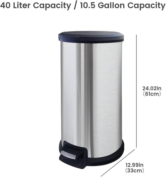 10 Gallon Stainless Steel Trash Can – Round Tall Design, Hands-Free Pedal, Liner-Free with Inner Ring Bag Holder，Rust-Proof for Kitchen, Office, or Bathroom