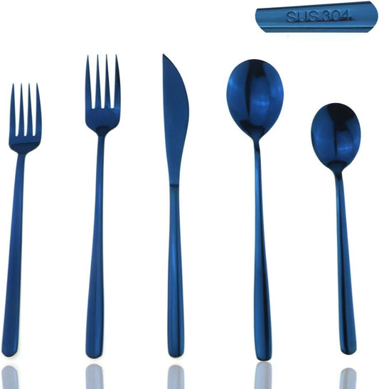 JASHII Mirror Polished Blue 20-Piece SUS304 Stainless Steel Flatware Set,Silverware Set Dinner Knife Fork Spoon Dessert Fork Salad Spoon Service for 4