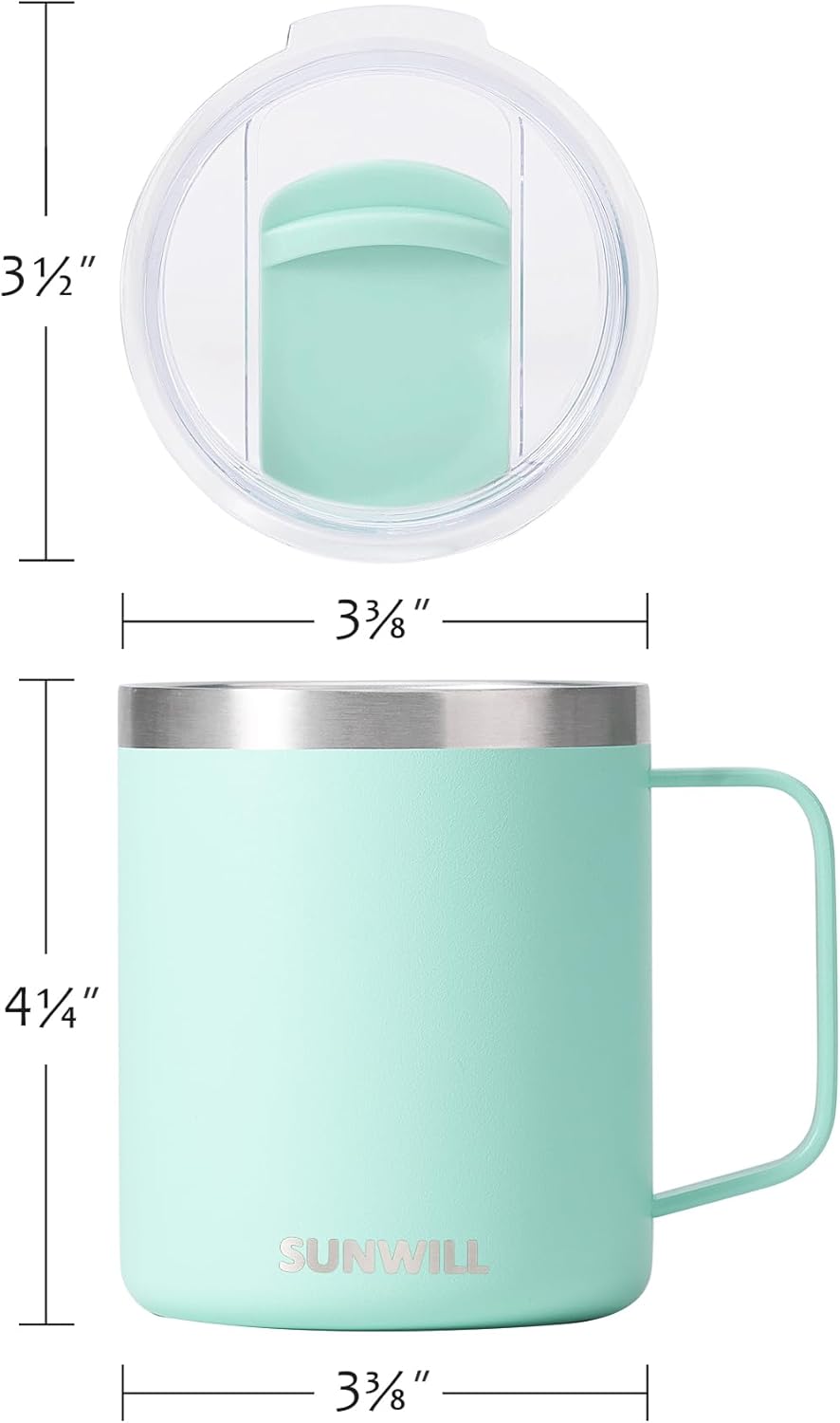SUNWILL Insulated Coffee Mug with Lid, Travel Tumbler with Handle, 14 oz Stainless Steel Cup for Camping, Office, Home, Powder Coated Mint