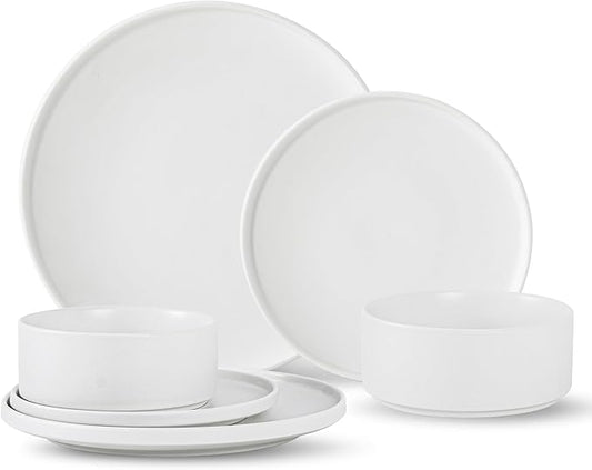 6 Piece Ceramic Dinnerware Set for 2, Modern Minimalist Stoneware Dinner Plates and Bowls, Microwave Safe, Dishwasher Safe, Versatile for All Seasons, Matte White