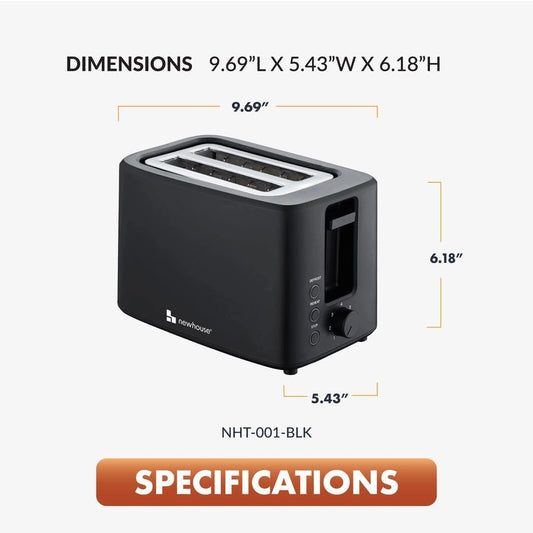 Newhouse 700W Black 2-Slice Toaster with Auto Pop-up and Auto Shut-off NHT-001-BLK, Cool-to-Touch Kitchen Appliance and Apartment Essential, Kitchen Countertop Staple for the Modern Home
