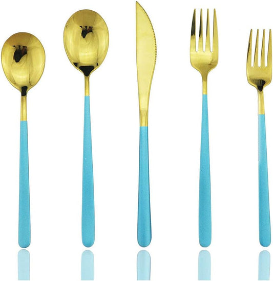 JASHII 20-Piece Silverware Set with Serving Utensils, SUS304 Stainless Steel Flatware Cutlery Set for 4, Eating Utensil Tableware Sets, Mirror Finish(Blue gold)