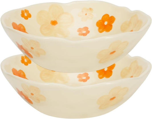 Koythin Salad Bowls Set of 2, Cute Orange Flower Ceramic Bowls, Cream Yellow Serving Bowl for Pasta, Cereal, Fruit, Soup, Rice, Dishwasher and Microwave Safe (Orange Flower Set of 2)