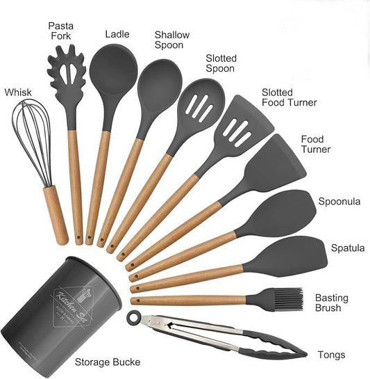 Kitchen Silicone Utensils Set of 12, kitchen spoons and Spatulas, cooking utensils, Non-stick Cookware Friendly Heat Resistant, Includes Spatula Tong Whisk Ladle Brush Slotted Turner Spoon(Gray)