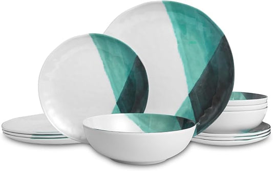 Melamine Plates and Bowls Set - 12pcs Dinnerware Dishes Set for 4, Dinner Plates for Indoor and Outdoor Use, Lightweight Break-resistant, Green & White